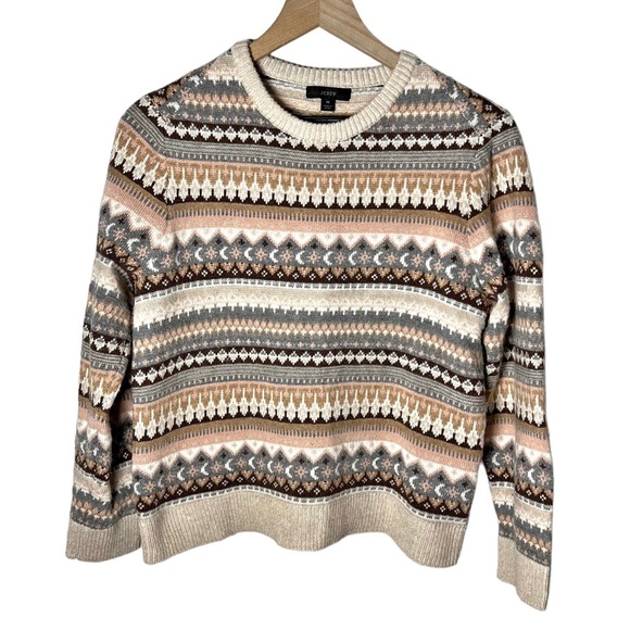 J. Crew Fair Isle Cropped Crewneck Sweater Ivory Deep Blush Medium - Picture 2 of 7